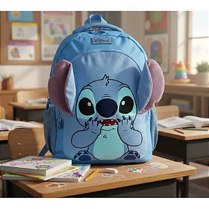 Mochila Stitch 18” Pelúcia Azul com Orelhas 3D - Disney Oficial UP4YOU