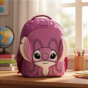 Mochila Angel 18” Pelúcia Roxo com Orelhas 3D - Disney Oficial UP4YOU
