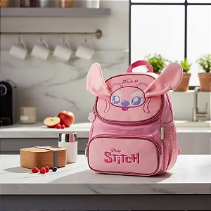Lancheira Escolar Juvenil Média Pelúcia e Orelhas 3D Stitch & Angel com Bolso Rosa - Luxcel