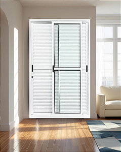 PORTA BALCÃO 3 FOLHAS MÓVEIS ALUMÍNIO BRANCO C/ FECHADURA DUPLA VIDRO LISO - LINHA PREMIUM