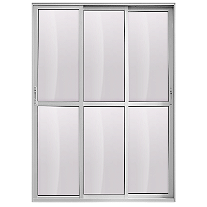 PORTA DE CORRER 3 PLS MÓVEIS ALUMÍNIO BRANCO VIDRO LISO C/ FECHADURA BICO DE PAPAGAIO - LINHA 25 PREMIUM