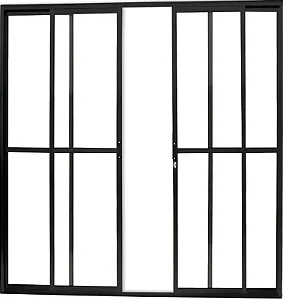 PORTA DE CORRER 4 FOLHAS (2 FIXAS E 2 MÓVEIS) ALUMÍNIO PRETO VIDRO LISO C/ FECHADURA BICO DE PAPAGAIO - LINHA 25 PREMIUM