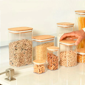 Pote Porta Mantimento Retangular Arroz Feijão Com Tampa de Bambu Ou