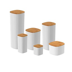 Kit 6 Potes com Tampa de Bambu Herméticos Branco Mantimentos Organizador Keep Ou