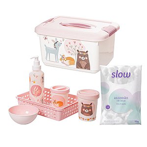 Kit 7 Peças Higiene Caixa Organizadora Algodão Bebe Plasútil
