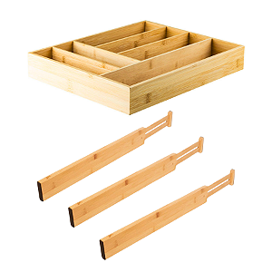 Organizador De Talheres + 3 Divisória De Gaveta Bambu 4Pçs