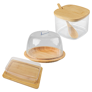 Kit 3 Pçs Bambu Porta Queijo Manteiga Açucareiro Mesa Posta