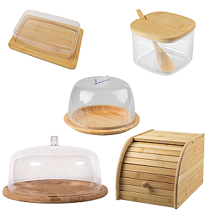 Kit 5 Pçs Bambu Porta Queijo Açucar Pão Boleira Manteiga Ou