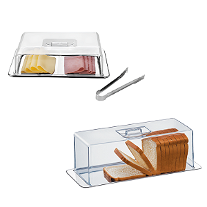 Kit Porta Frios Duplo c/ Pinça + Porta Pão Tampa Inox Atina