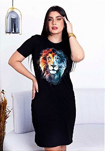 VESTIDO PREMIUM ALGODÃO - LEÃO COLORIDO - COR PRETO