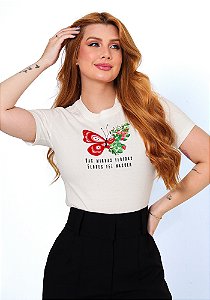 T-SHIRT FEMININA - FERIDAS FLORES - COR MARFIM