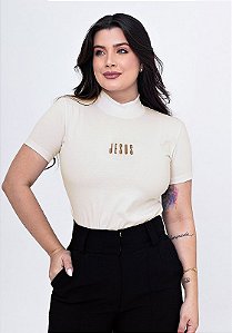 T-SHIRT GOLA ALTA - JESUS - ALTO RELEVO - COR MARFIM