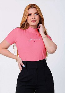 T-SHIRT GOLA ALTA - JESUS MINIMALISTA - COR ROSA BATOM