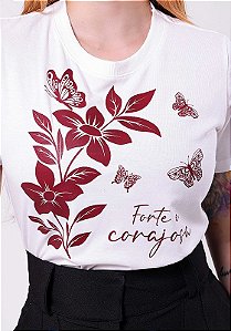 T-SHIRT FEMININA - FORTE E CORAJOSA - COR MARFIM