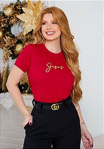 T-SHIRT FEMININA - JESUS MINIMALISTA PATCH- COR VERMELHO