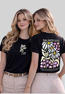 T-SHIRT FEMININA - FLOR SALMOS 92:13 - COR PRETO