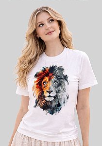 T-SHIRT FEMININA - LEÃO COLORIDO - COR MARFIM