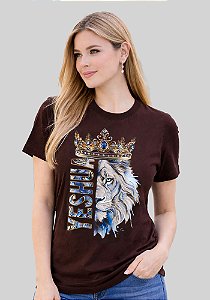 T-SHIRT FEMININA - LEÃO YESHUA COROA - COR MARROM