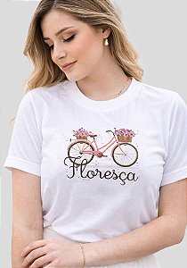 T-SHIRT FEMININA - BICICLETA FLORESÇA - COR MARFIM