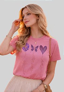 T-SHIRT FEMININA - FÉ, ESPERANÇA, AMOR - STRASS - COR ROSA BATOM