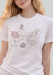 T-SHIRT FEMININA - BORBOLETA FLOR STRASS - COR MARFIM