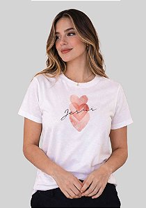 T-SHIRT FEMININA - JESUS 3 CORAÇÕES - COR MARFIM