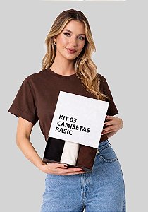KIT 03 CAMISETAS BASIC EM ALGODÃO - COR PRETO/MARROM/OFF-WHITE