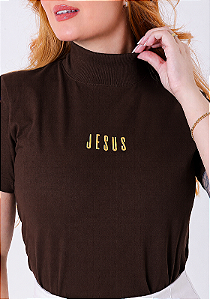 T-SHIRT GOLA ALTA - JESUS - ALTO RELEVO- MARROM