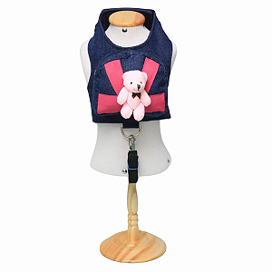 Coleira Peitoral Pet com Mochila e Guia - Ursinho Rosa