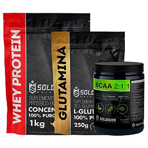 Kit: Whey Protein Concentrado 2Kg + BCAA Em Pó 250g + Glutamina 250g - 100% Importado - Soldiers Nutrition