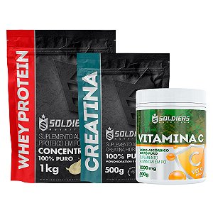 Kit: Whey Protein Concentrado 1Kg + Creatina Monohidratada 500g + Vitamina C Em Pó 500g - 100% Importado - Soldiers