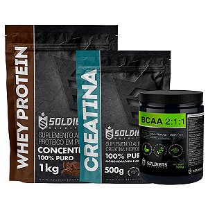 Kit: Whey Protein Concentrado 1Kg + Creatina Monohidratada 500g + BCAA Em Pó 500g - 100% Importado - Soldiers Nutrition