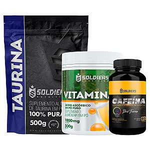 Kit: Taurina 500g + Cafeina 60 Caps 200mg + Vitamina C Em Pó 500g - 100% Pura Importada - Soldiers Nutrition