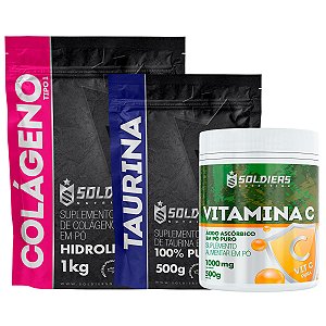 Kit: Colágeno 1Kg + Taurina 500g + Vitamina C Em Pó 500g - 100% Puro Importado - Soldiers Nutrition