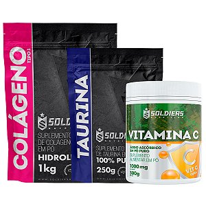 Kit: Colágeno 1Kg + Taurina 250g + Vitamina C Em Pó 500g - 100% Puro Importado - Soldiers Nutrition