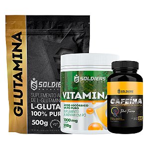 Kit: Cafeína 60 Caps 200mg + Vitamina C Em Pó 500g + Glutamina 500g - 100% Puro Importado - Soldiers Nutrition