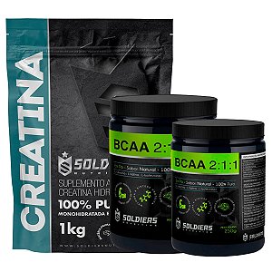 Kit: BCAA Em Pó 750g + Creatina Monohidratada 1kg - 100% Puro Importado - Soldiers Nutrition