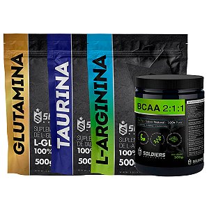 Kit: BCAA Em Pó 500g + Glutamina 500g + Taurina 500g + Arginina 500g - 100% Puro Importado - Soldiers Nutrition