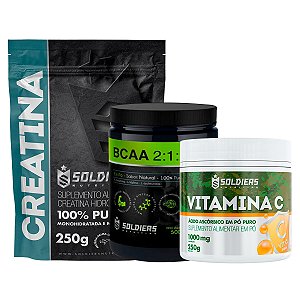 Kit: BCAA Em Pó 500g + Creatina Monohidratada 250g + Vitamina C Em Pó 250g - 100% Puro Importado - Soldiers Nutrition