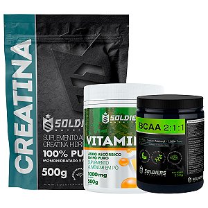 Kit: BCAA Em Pó 250g + Creatina Monohidratada 500g + Vitamina C Em Pó 500g - Soldiers Nutrition