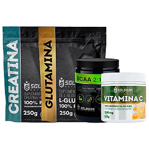 Kit: BCAA 250g + Glutamina 250g + Creatina Monohidratada 250g + Vitamina C Em Pó 250g - 100% Puro Importado - Soldiers