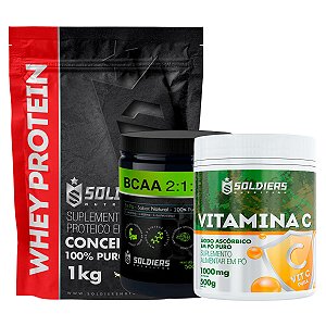 Kit: Whey Protein Concentrado 2kg + BCAA Em Pó 500g + Vitamina C Em Pó 500g - 100% Importado - Soldiers Nutrition