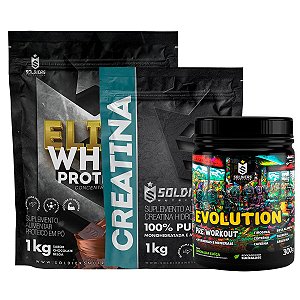 Kit: Elite Pro Whey Concentrado 80% 1kg + Creatina 1kg + Pré Treino Evolution 300g - Soldiers Nutrition