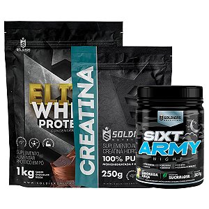 Kit: Elite Pro Whey Concentrado 80% 1kg + Creatina 250g + Pré Treino Sixt Army Night 300g - Soldiers Nutrition