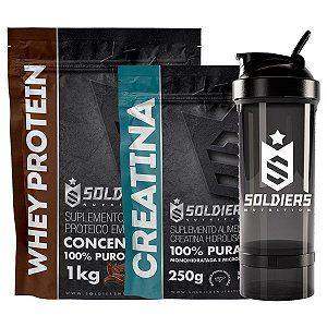 Kit: 2 Whey Concentrado 60% 1kg + 2 Creatina Monohidratada 250g + 2 Coqueteleira Pro - Soldiers Nutrition