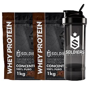 Kit: 2 Whey Concentrado 60% 1kg + 1 Coqueteleira Pro 700ml - Soldiers Nutrition