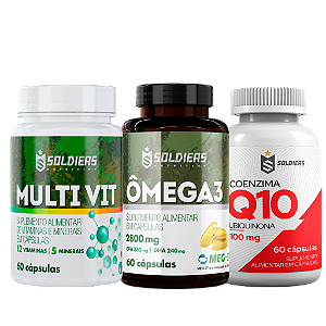Kit: Coenzima Q10 100mg + Ômega 3 - 60 Caps - 2800mg + Multivitamínico 60 Cap - Soldiers Nutrition