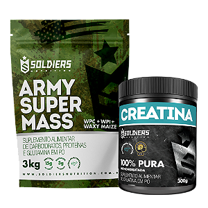 Kit: Hipercalórico Army Super Mass - 3Kg + Creatina Monohidratada Pote 300g - 100% Pura Importada - Soldiers Nutrition