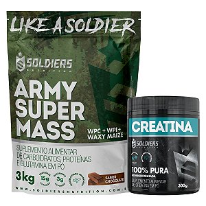 Kit: Hipercalórico Army Super Mass - 3Kg + Creatina Monohidratada Pote 300g - 100% Pura Importada - Soldiers Nutrition