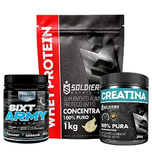 Kit: Whey Protein Concentrado 1kg+Creatina Monohidratada Pote 300g - 100% Pura+Pré-Treino Sixt Army Night 300g - Soldier